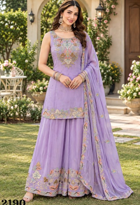 Lavender color Embroidered Chinon Salwar Suit